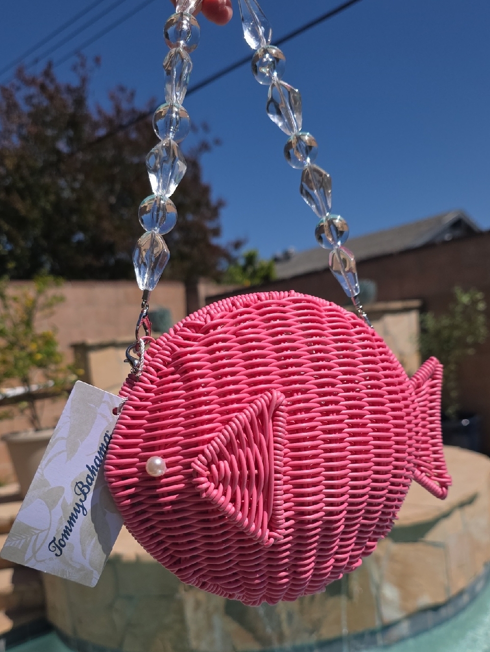 Tommy Bahama Pink Woven Fish Purse with Beaded Handle